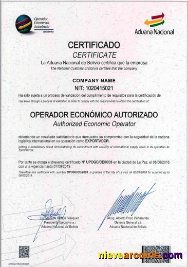 Bolivia Certificate of Registration